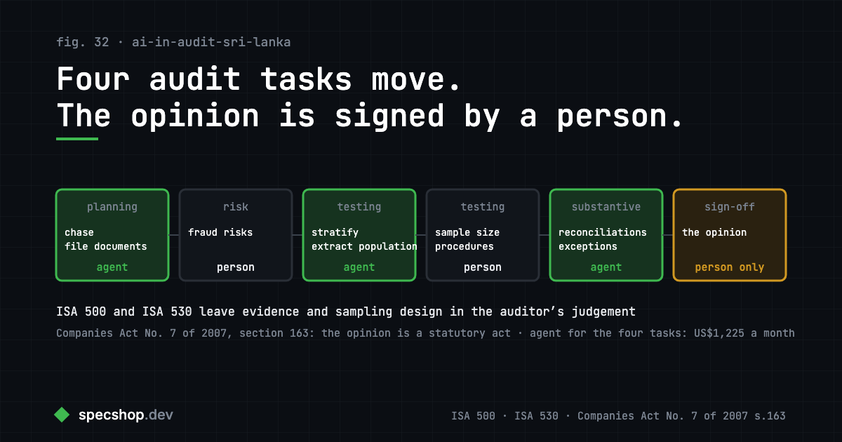 Audit stages showing which tasks an AI agent takes and which stay with the auditor, ending with the partner signing the opinion